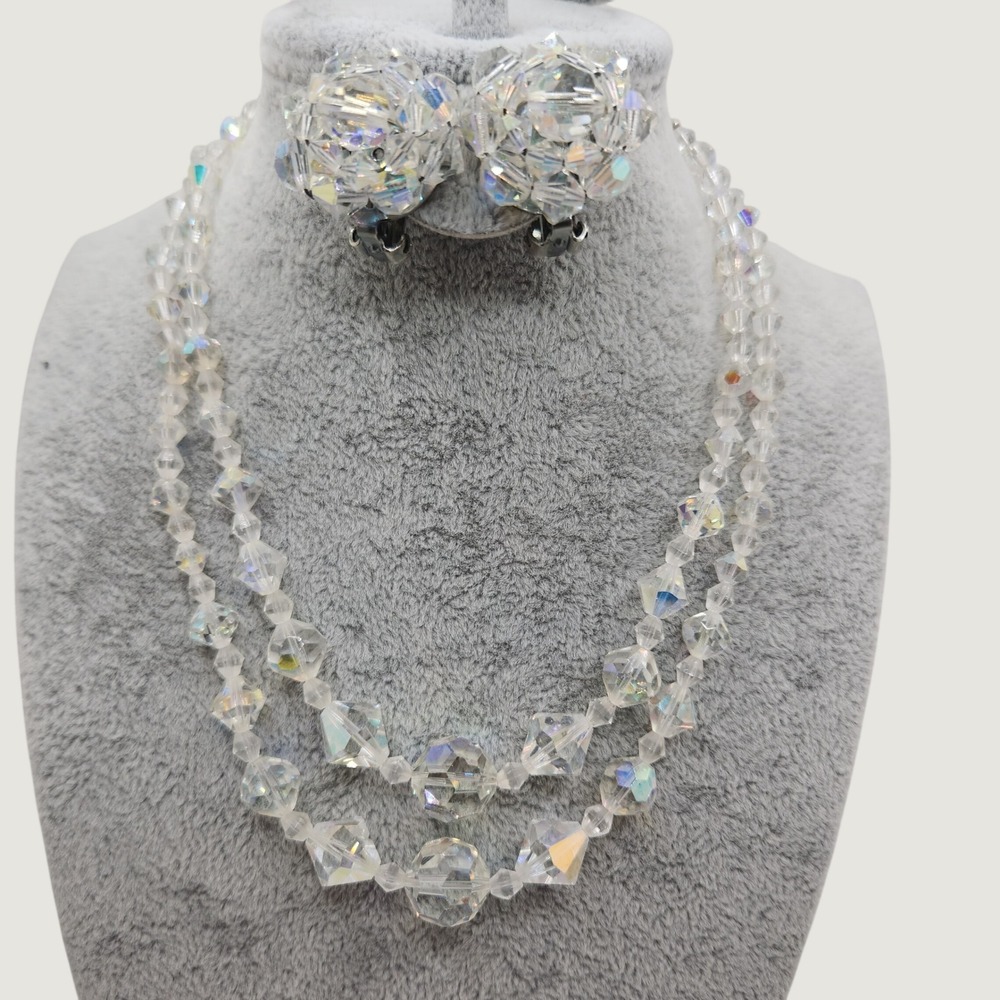 Vintage Aurora Borealis Faceted Crystal Doubleā Strand Necklace Earrings Set AB
